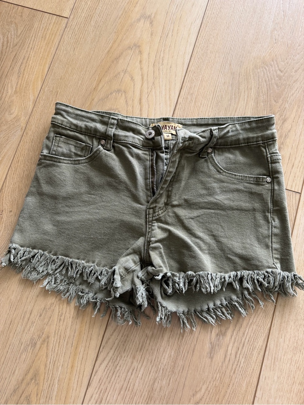 Frayed Hem Olive Green Denim Shorts